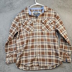 Outdoor Jacket Shirt Mens Large Brown Plaid Flannel Long Sleeve Western Pockets